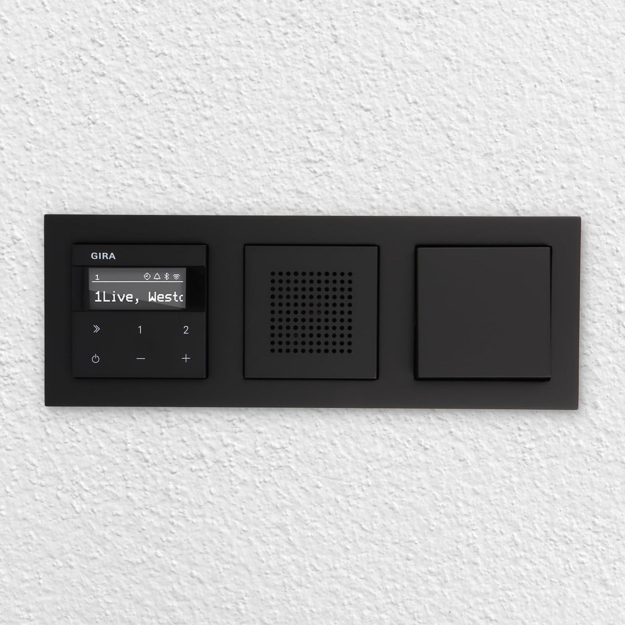 Gira Unterputz IP Internetradio 232003 + Bluetooth KomplettSet + Lautsprecher + Tastschalter (Taster) E2 schwarz matt im 3fach Rahmen Gira 021309 inkl. EBROM Phasenprüfer zur Montage der Geräte