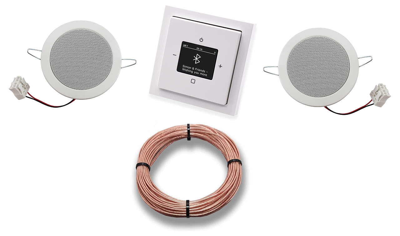Busch Jäger DAB+ Bluetooth Unterputzradio DAB BT 8217 U – 101 Komplett-Set Future Linear Studioweiß + 2 x Deckenlautsprecher/Einbaulautsprecher + 20 Meter Lautsprecherkabel 2x0,75 mm² 8217U-101