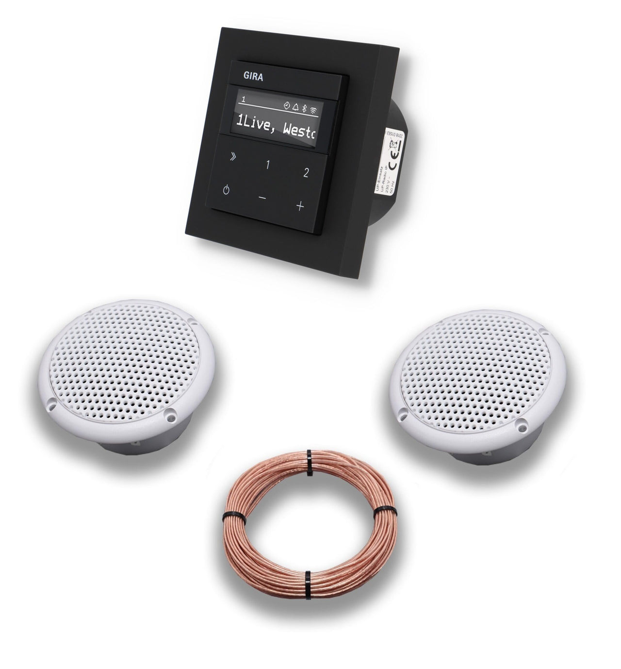 Gira Unterputz IP Internetradio 232003 + Bluetooth Komplett-SET, E2 schwarz matt + 2 x Deckenlautsprecher Einbaulautsprecher (Feuchtraum/Badezimmer) + 20 Meter Lautsprecherkabel 2x0,75 mm