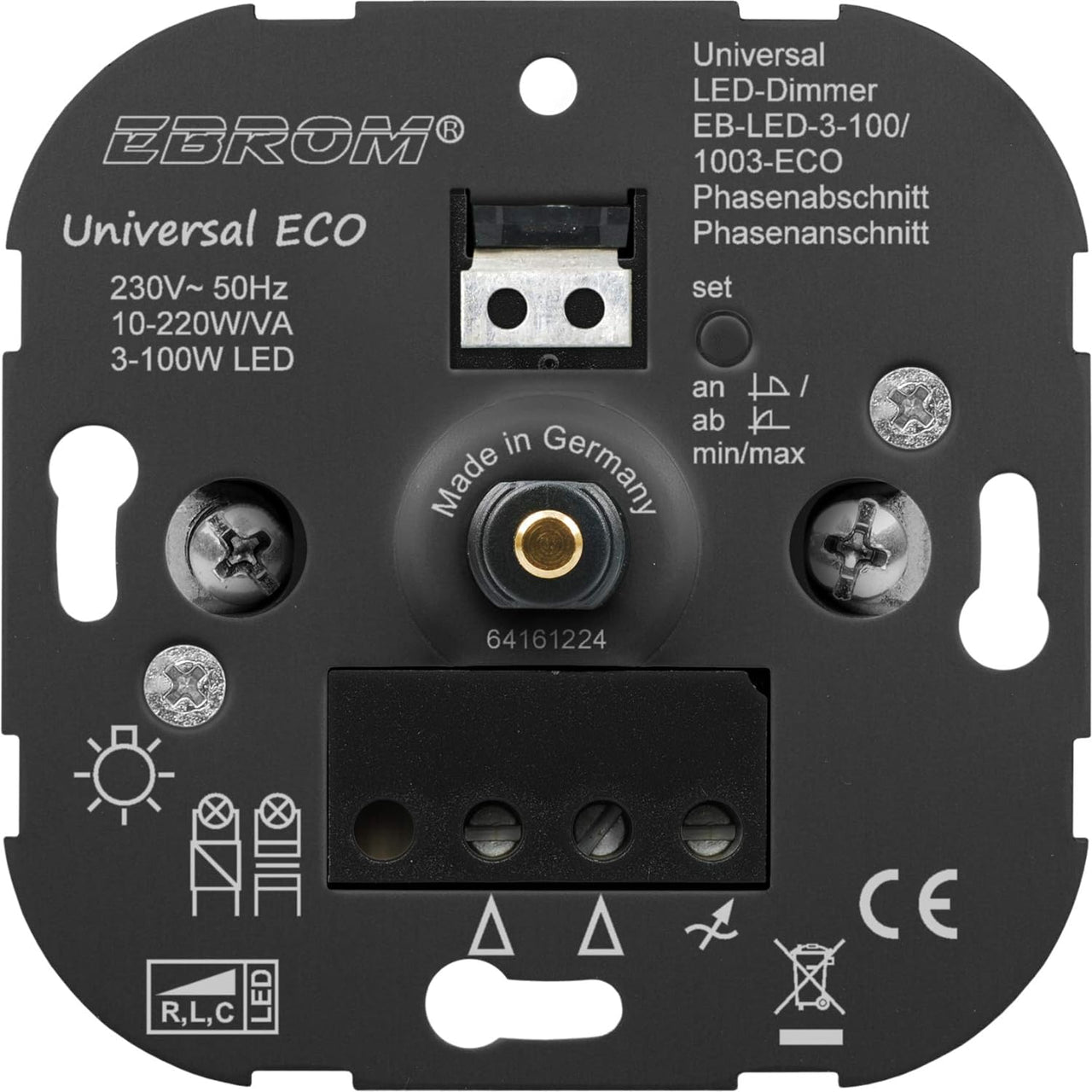 EBROM 1003 Universal ECO LED Drehdimmer Dimmer + Busch Jäger Scheibe 6540-84-102 + Kreuzschalter 2000/7US + Steckdose Kinderschutz 20EUCKS-84 Future Linear Studioweiß + EBROM Phasenprüfer zur Montage