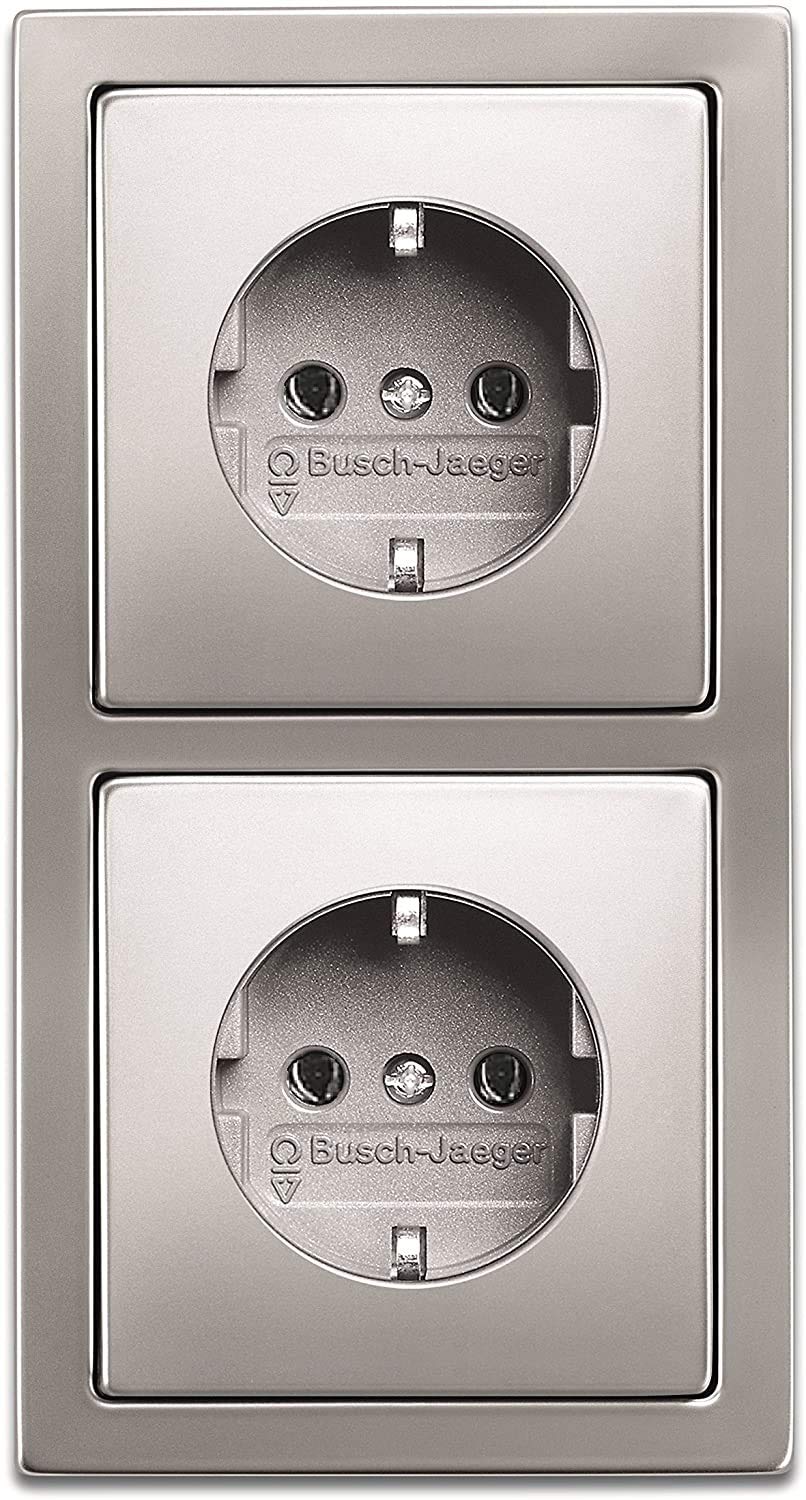 EBROM's BJ Sets Komplett-Set Busch-Jäger PUR Edelstahl, 2-Fach Rahmen mit 2 integrierten Steckdosen in PUR Edelstahl (20EUC-866)