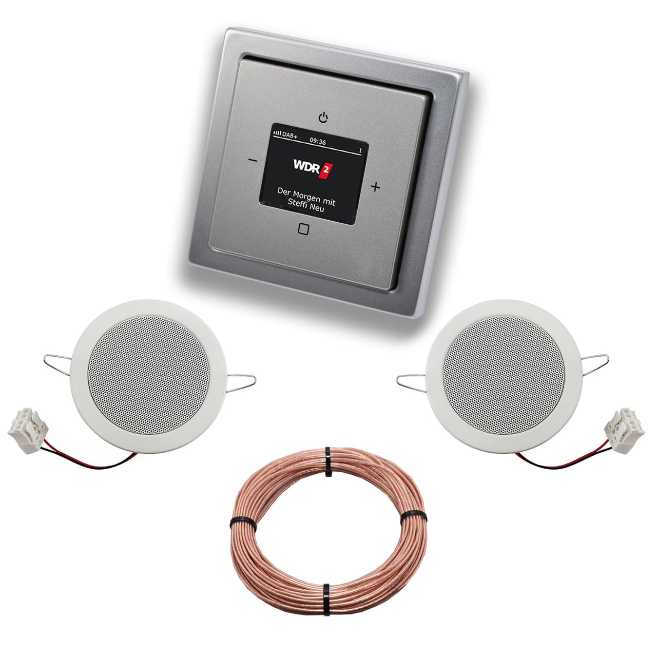 Busch Jäger DAB+ (DAB PLUS) Unterputz Radio 8215U-101 PUR Edelstahl, Komplett-Set mit 2 x Deckenlautsprecher Einbaulautsprecher + 20 Meter Lautsprecherkabel 2x0,75 mm2 8215 U - 101
