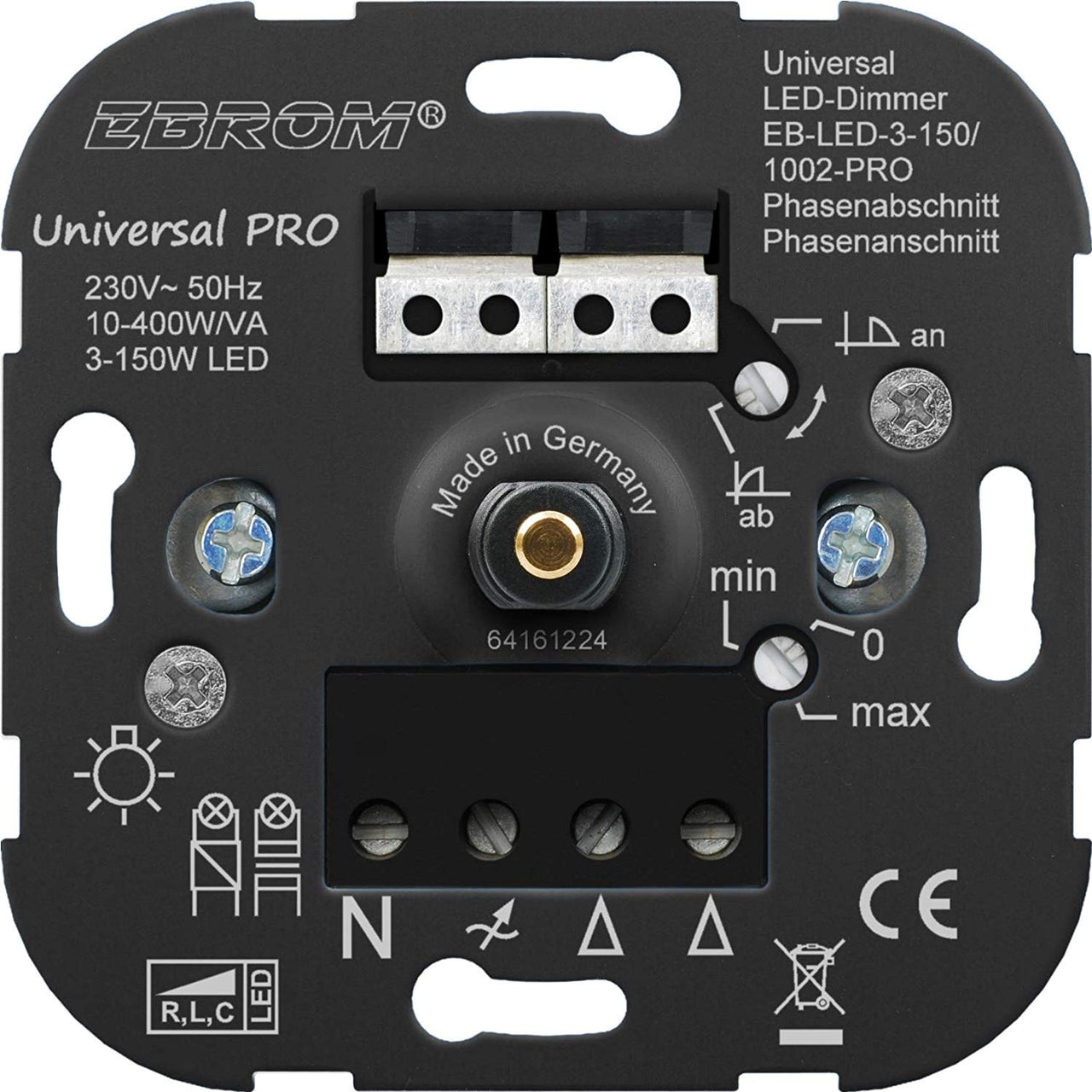 5 Jahre Garantie! EBROM® Unterputz UNIVERSAL LED Dimmer Drehdimmer Phasenabschnitt + Phasenanschnitt LED 3-150 Watt, dimmbare Halogen etc 10-400 W/VA, der AllesDimmer, passt zu Busch Jäger, Gira, Jung