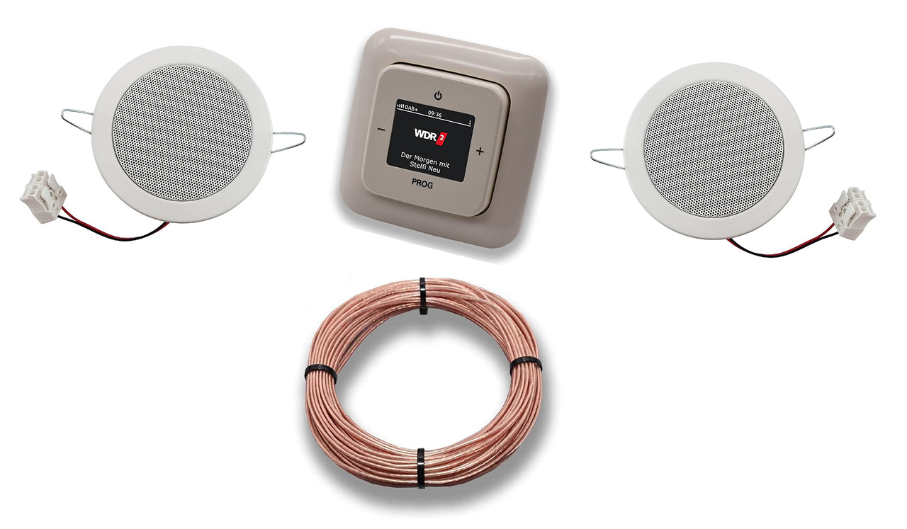 Busch Jäger DAB+ Unterputz Unterputzradio DAB PLUS RADIO 8215 U – 101 cremeweiß Komplett-Set DURO2000 + 2 x Deckenlautsprecher/Einbaulautsprecher + 20 Meter Lautsprecherkabel 2x0,75 mm² 8215U-101