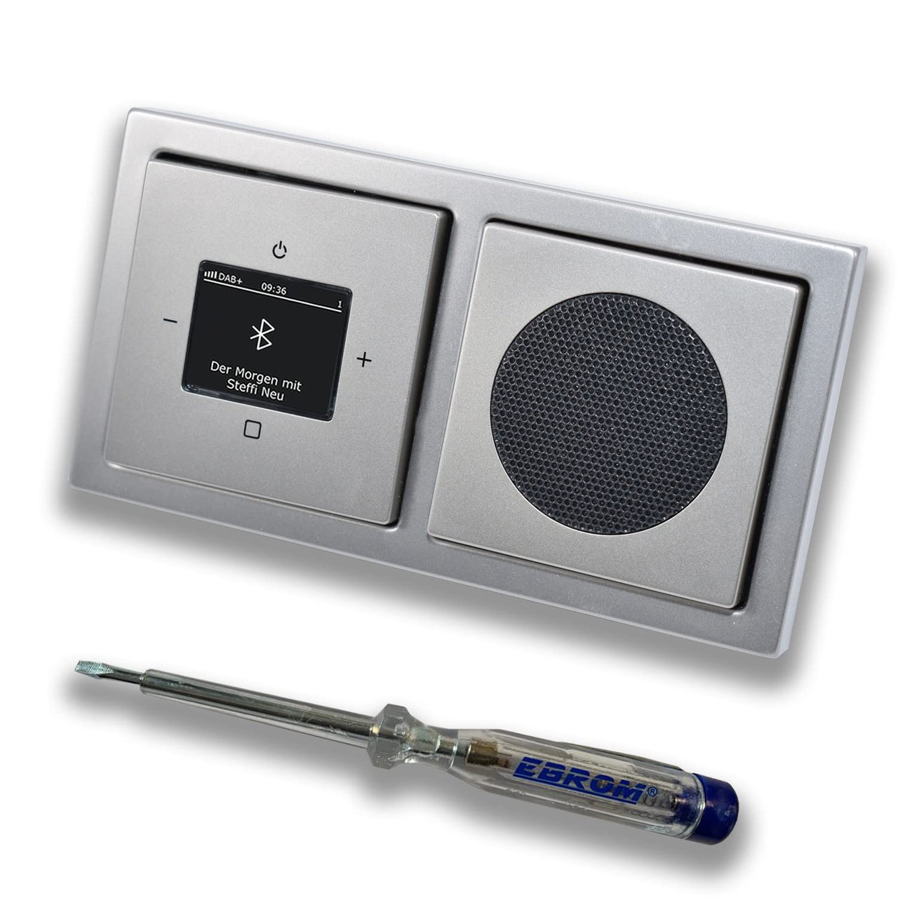 Busch Jäger DAB+ Unterputz Bluetooth (in and out) Radio 8217U-101 PUR Edelstahl, Komplett-Set 8217 U – 101 im 2-fach Rahmen + Lautsprecher + Abdeckungen inkl. EBROM Phasenprüfer zur Montage der Geräte