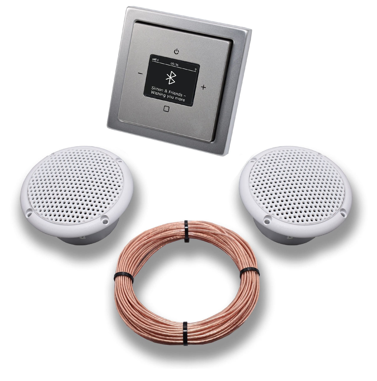 Busch Jäger DAB+ Bluetooth Unterputz Unterputzradio DAB BT 8217 U – 101 PUR Edelstahl Komplettset + 2 x Deckenlautsprecher Feuchtraum Badezimmer + 20 m Lautsprecherkabel 2x0,75 mm² 8217U-101