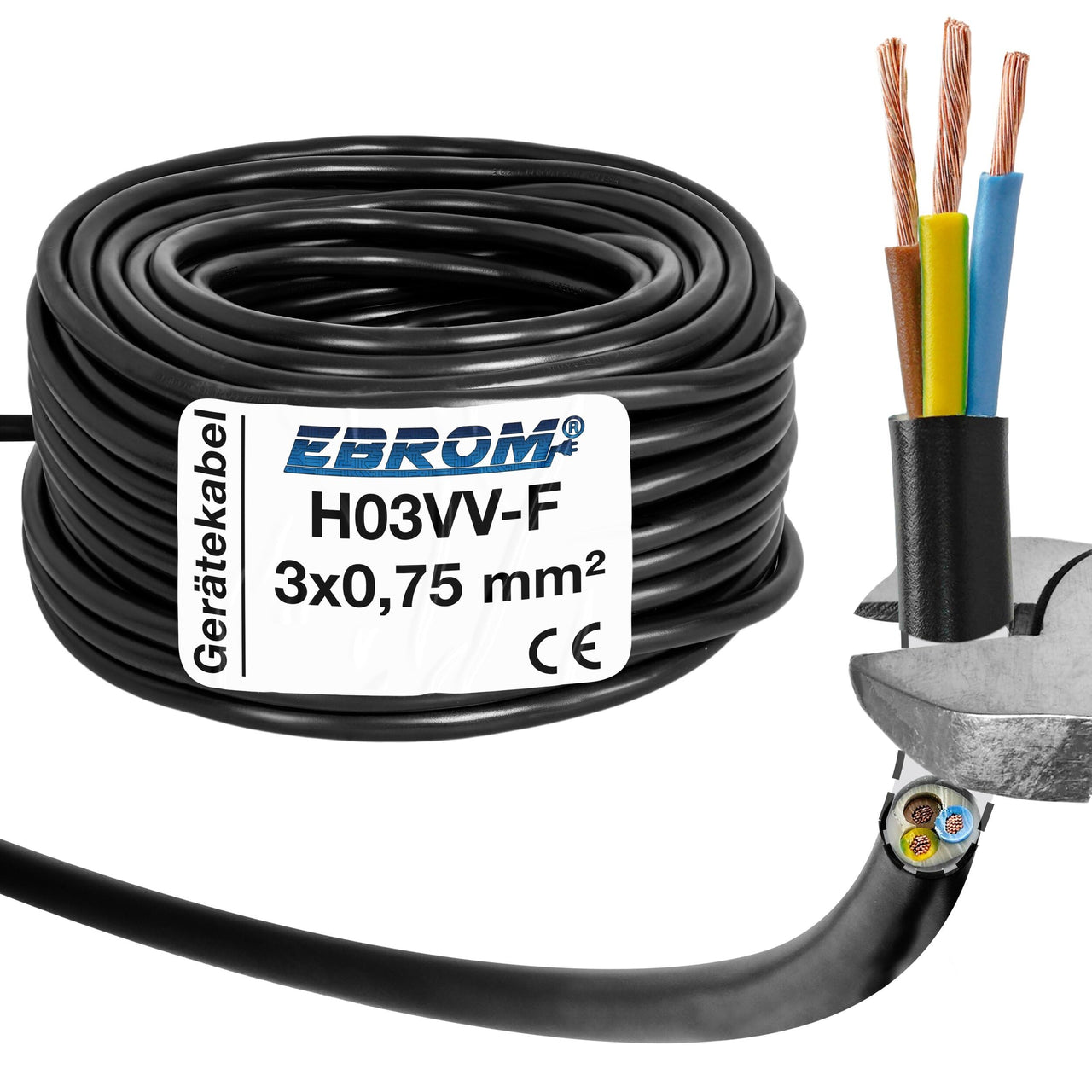 EBROM H03VV-F PVC-Schlauchleitung 3x0,75mm² Schwarz