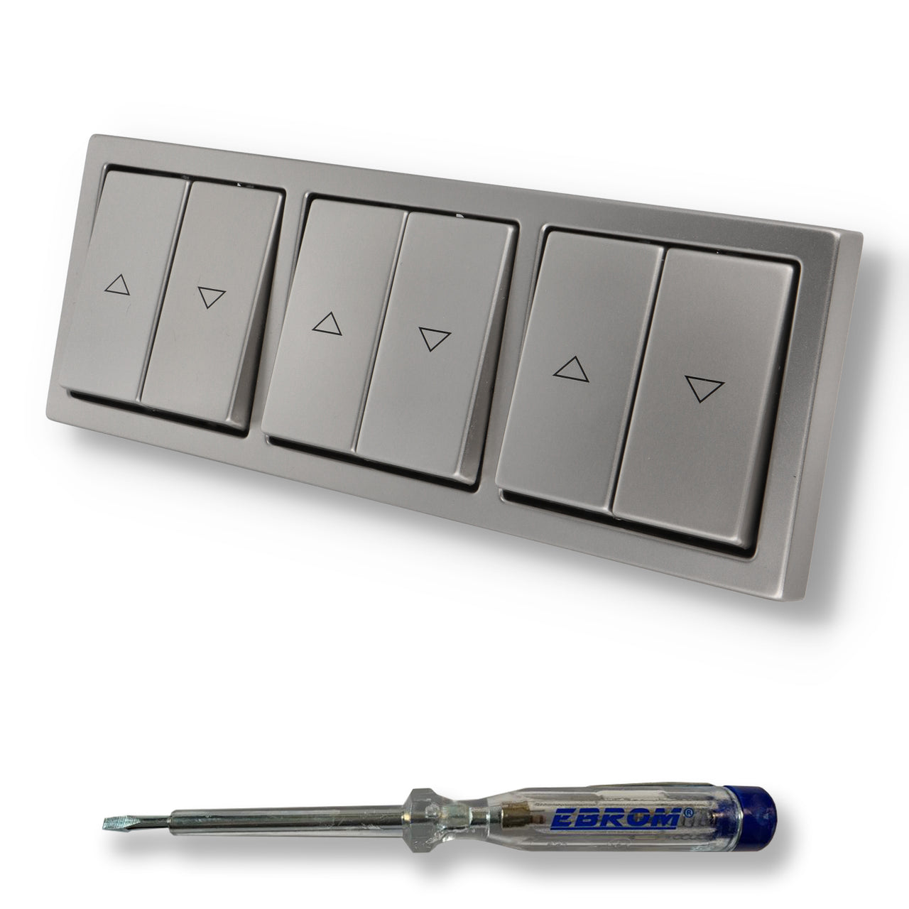 EBROM SET IDEE: BUSCH JÄGER 3 x Jalousieschalter Rolladenschalter 2000/4 US (2000/4US) PUR Edelstahl Komplettset mit Aufdruck Pfeil auf/ab + EBROM Phasenprüfer zur Montage