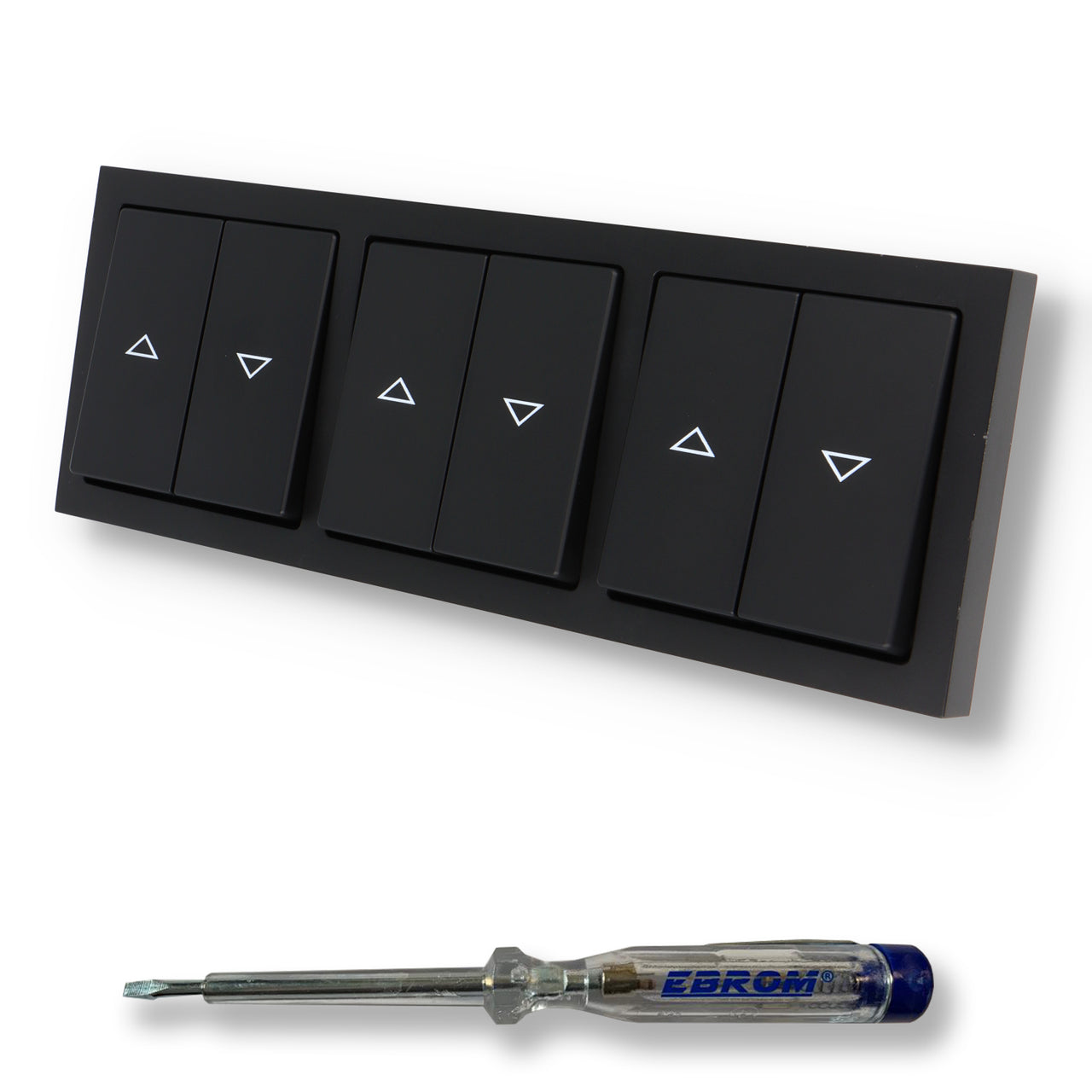 EBROM SET IDEE: BUSCH JÄGER 3 x Jalousietaster Rolladentaster 2020/4 US (2020/4US) Future Linear schwarz matt Komplettset mit Aufdruck Pfeil auf/ab + EBROM Phasenprüfer zur Montage