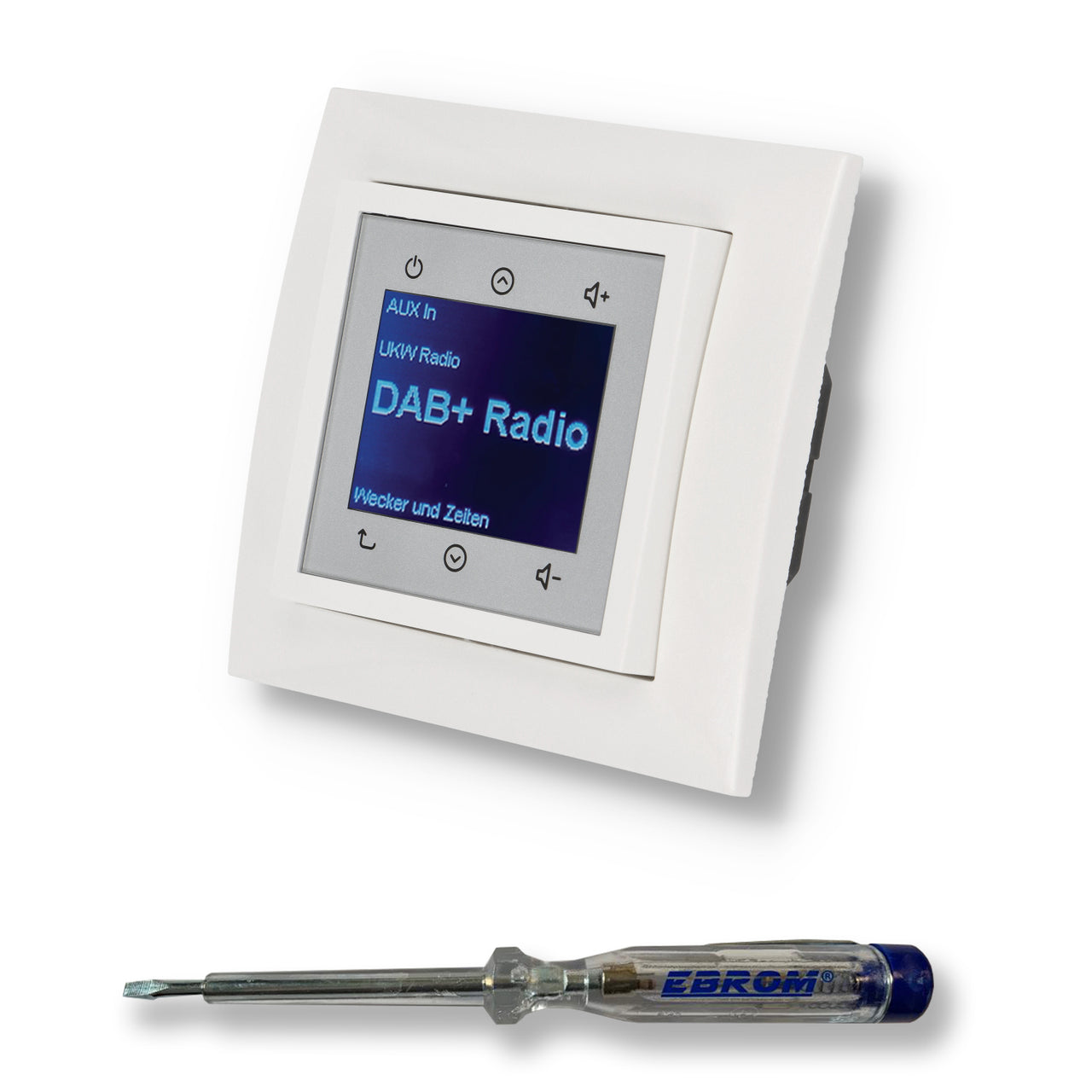 BERKER Unterputz DAB+ Radio 29848989 polarweiß glänzend mit 1fach Rahmen Berker 10118989 inkl. EBROM Phasenprüfer zur Montage des Geräts