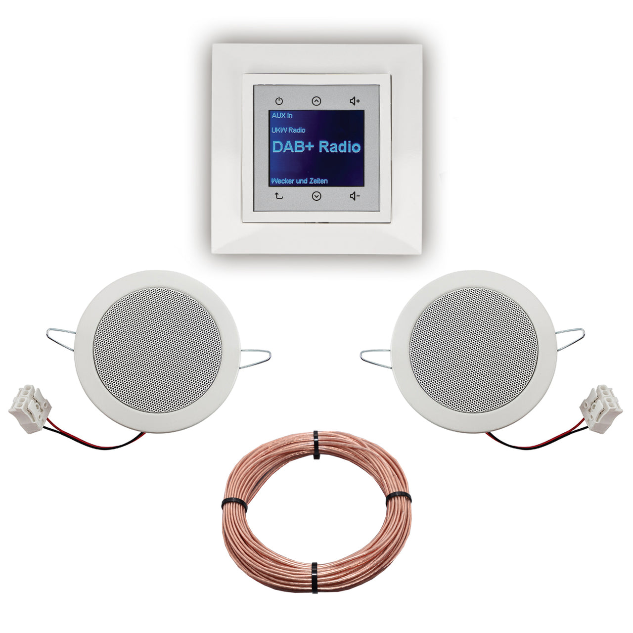 BERKER Unterputz DAB+ Radio 29848989 polarweiß glänzend mit 1fach Rahmen Berker + 2 x Deckenlautsprecher Einbaulautsprecher + 20 Meter EBROM Lautsprecherkabel