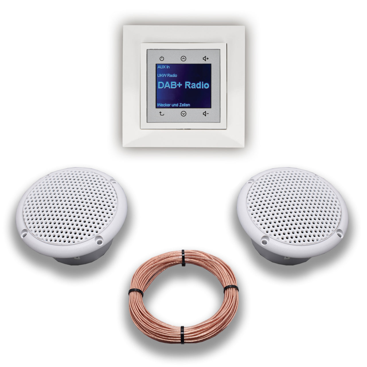 BERKER Unterputz DAB+ Radio 29848989 polarweiß glänzend mit 1fach Rahmen Berker + 2 x Feuchtraum / Badezimmer - Deckenlautsprecher Einbaulautsprecher + 20 Meter EBROM Lautsprecherkabel
