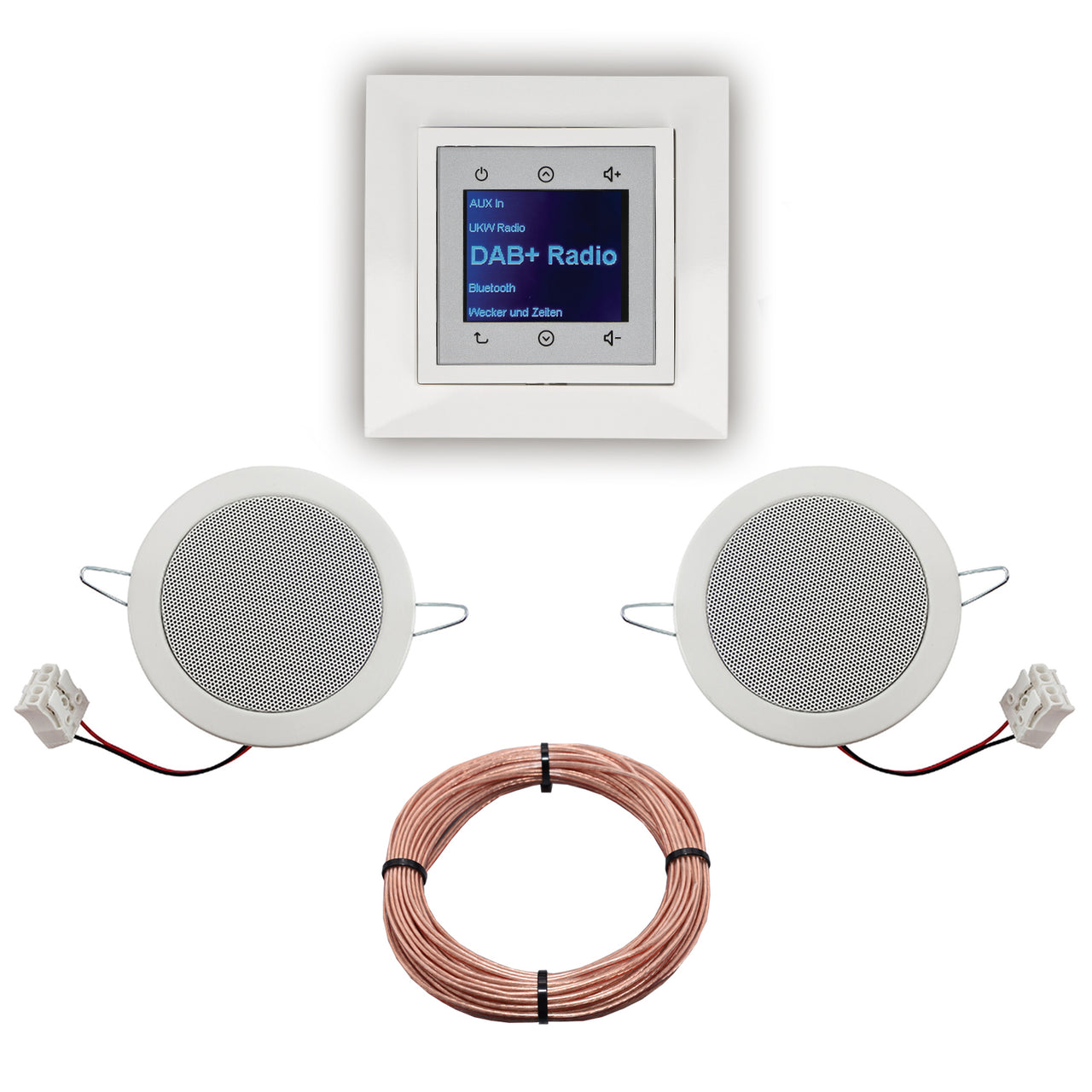 BERKER Unterputz DAB+ und Bluetooth Radio 30848989 polarweiß glänzend mit 1fach Rahmen Berker + 2 x Deckenlausprecher Einbaulautsprecher + 20 Meter EBROM Lautsprecherkabel