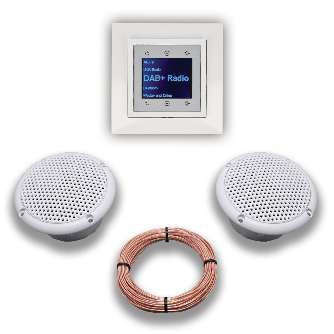 BERKER Unterputz DAB+ und Bluetooth Radio 30848989 polarweiß glänzend mit 1fach Rahmen Berker + 2 x Feuchtraum / Badezimmer - Deckenlausprecher Einbaulautsprecher + 20 Meter EBROM Lautsprecherkabel